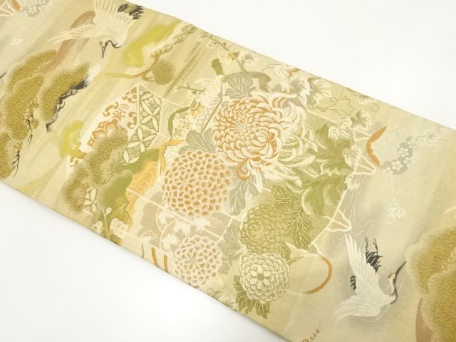 アンティーク　貝桶に鶴・菊模様織り出し丸帯（材料）